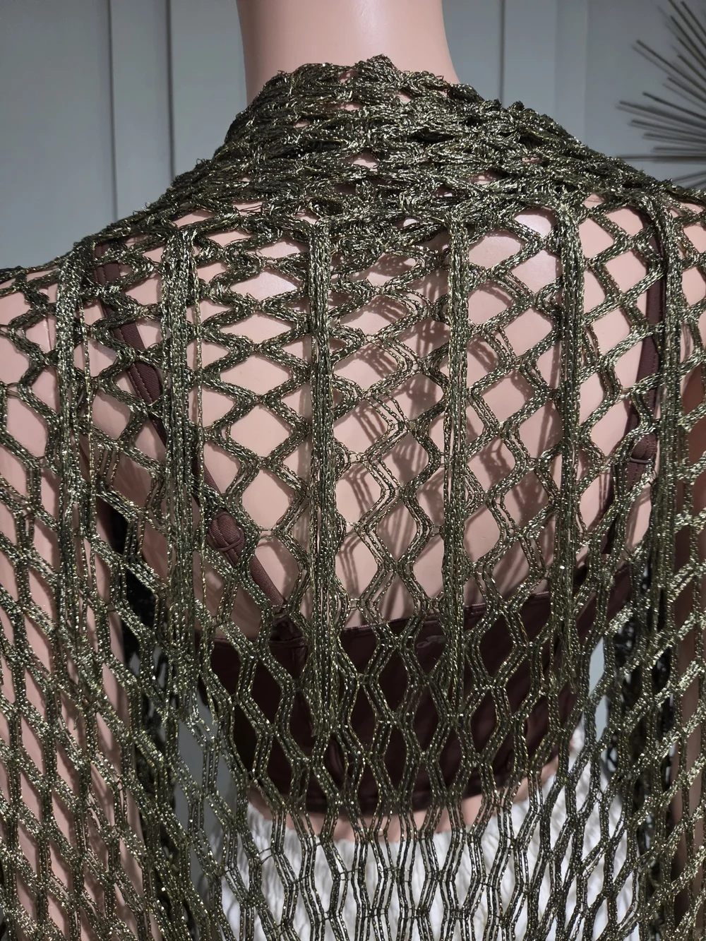 Metallic Olive Gold Crochet Open Knit Fringe Kimono Shawl Beach Cover Up